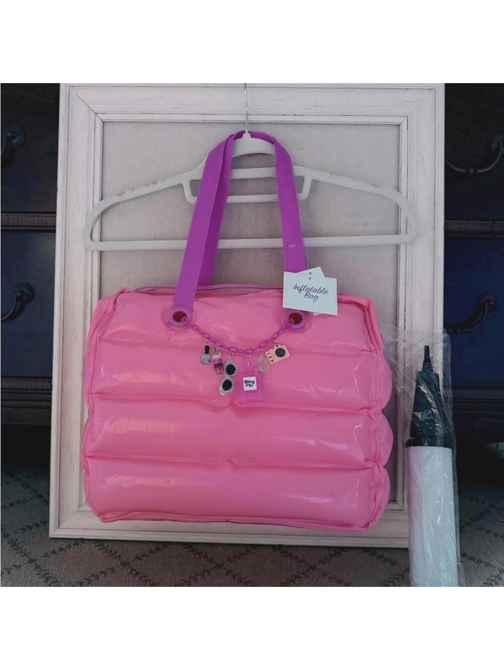 Bling O2 bright pink inflatable medium tote bag with adorable charms NWT